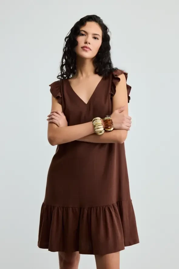 Voluminous Linen Dress - Brown - 1