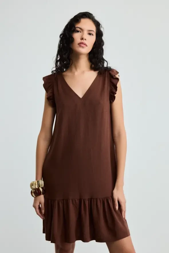 Voluminous Linen Dress - Brown - 3