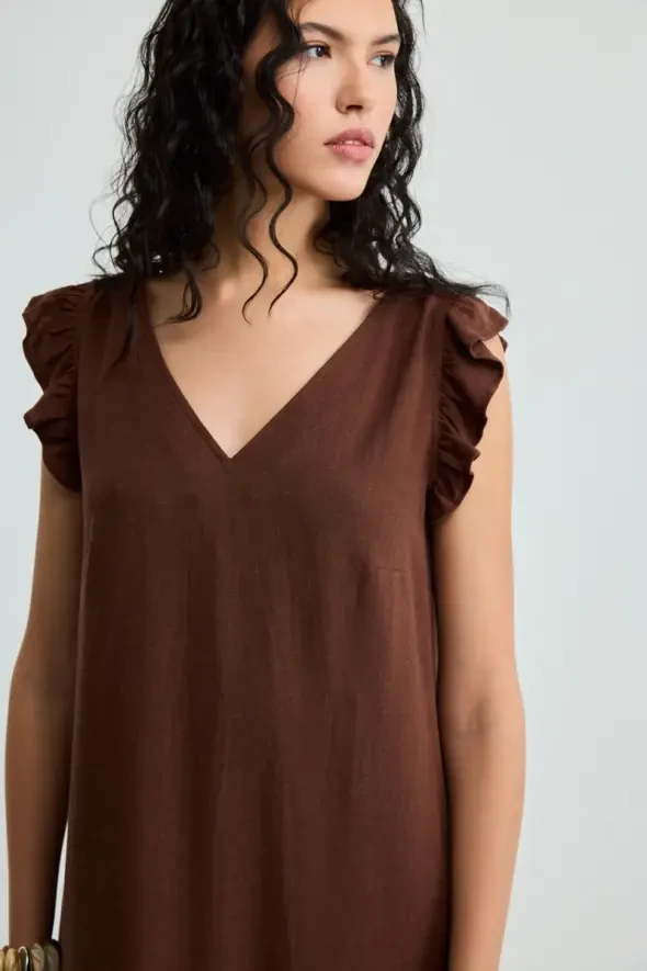 Voluminous Linen Dress - Brown - 4