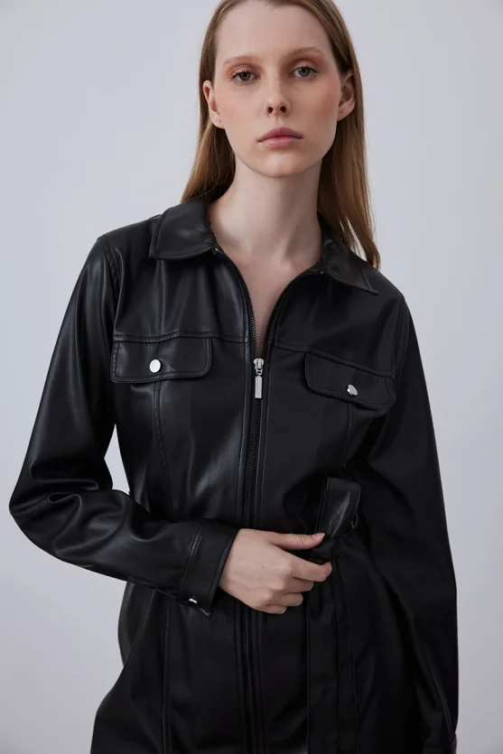 Waist Belted Leather Dress - Black - 3