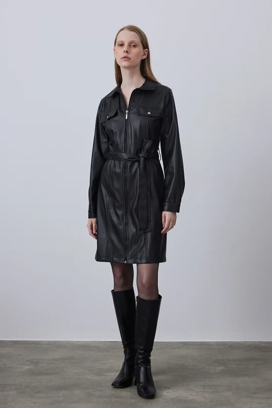 Waist Belted Leather Dress - Black - 1