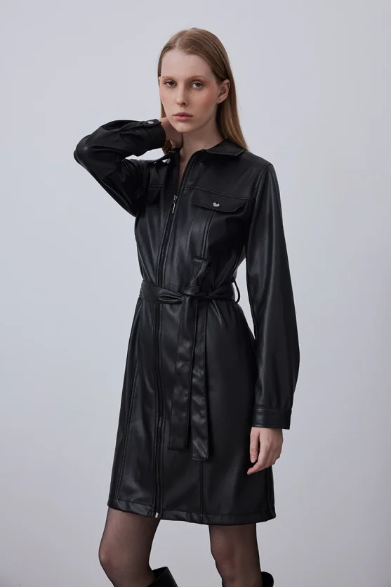 Waist Belted Leather Dress - Black - 2