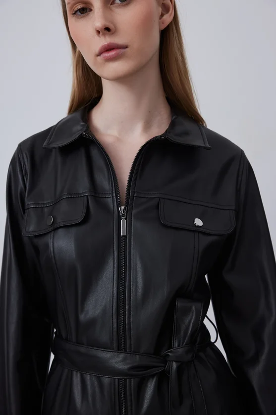 Waist Belted Leather Dress - Black - 4