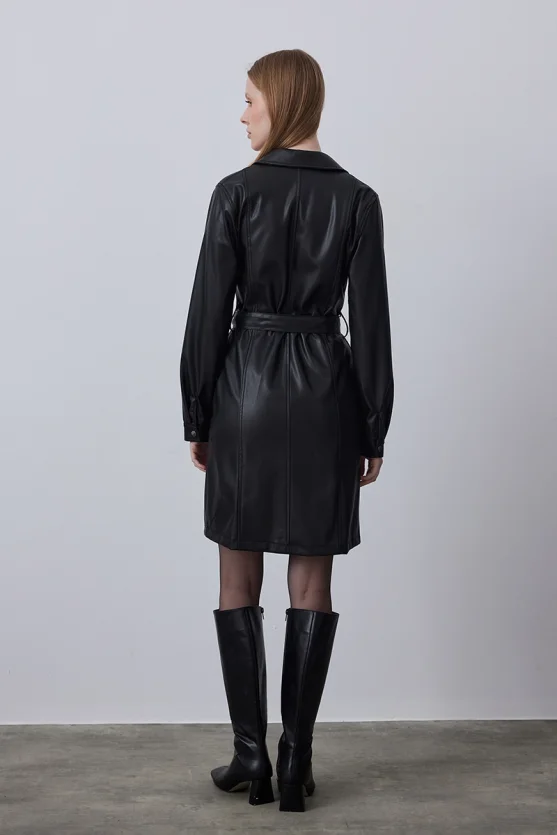 Waist Belted Leather Dress - Black - 5