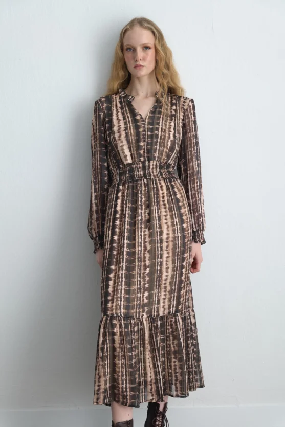 Waist-Fitted Foil Patterned Long Dress - Brown - 3