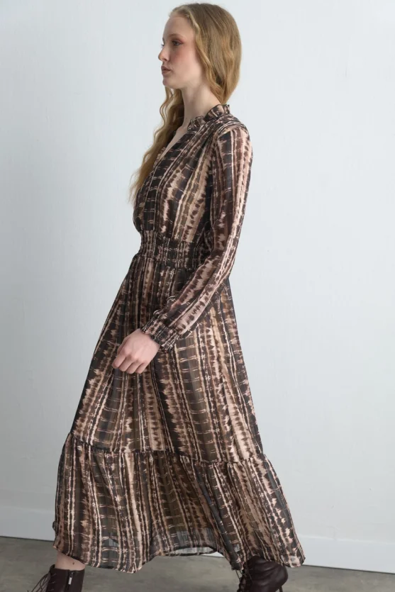 Waist-Fitted Foil Patterned Long Dress - Brown - 5