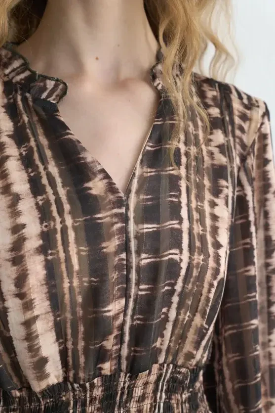 Waist-Fitted Foil Patterned Long Dress - Brown - 6