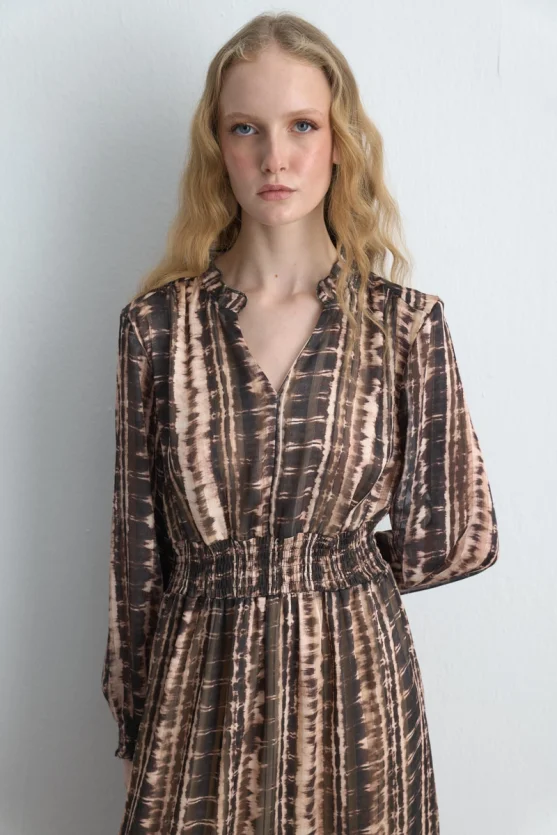 Waist Fitted Foil Patterned Long Dress Brown - 4