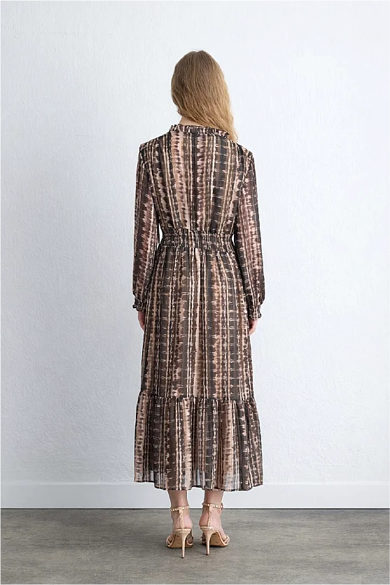 Waist Fitted Foil Patterned Long Dress Brown - Gusto