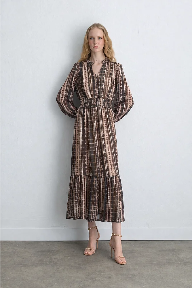 Waist Fitted Foil Patterned Long Dress Brown Brown