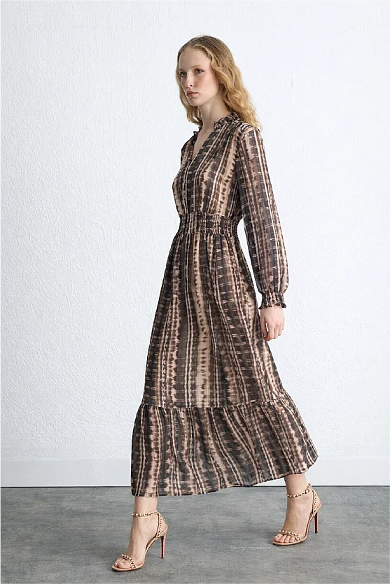 Waist Fitted Foil Patterned Long Dress Brown - 2