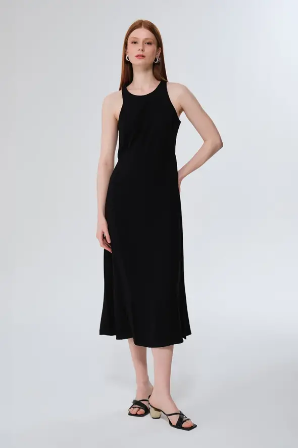 Waist Fitted Long Dress - Black - 1