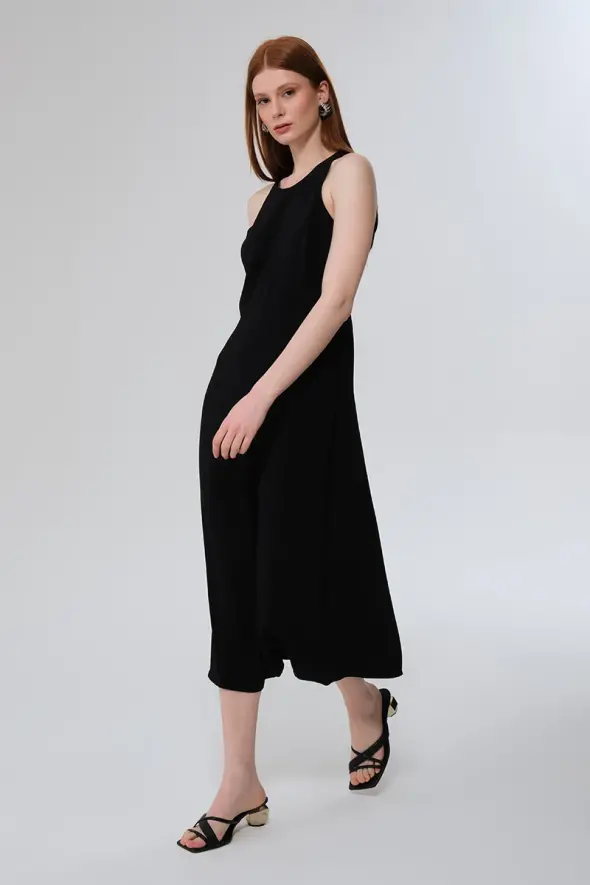 Waist Fitted Long Dress - Black - 2