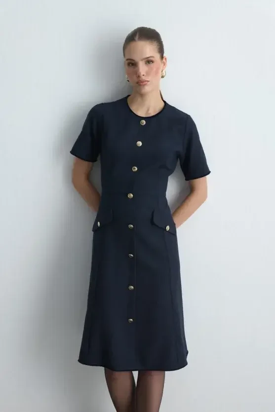 Waist-Fitted Midi Tweed Dress - Navy Blue - 2