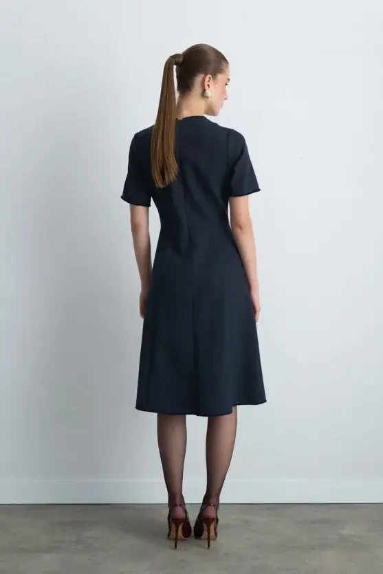 Waist-Fitted Midi Tweed Dress - Navy Blue - Gusto