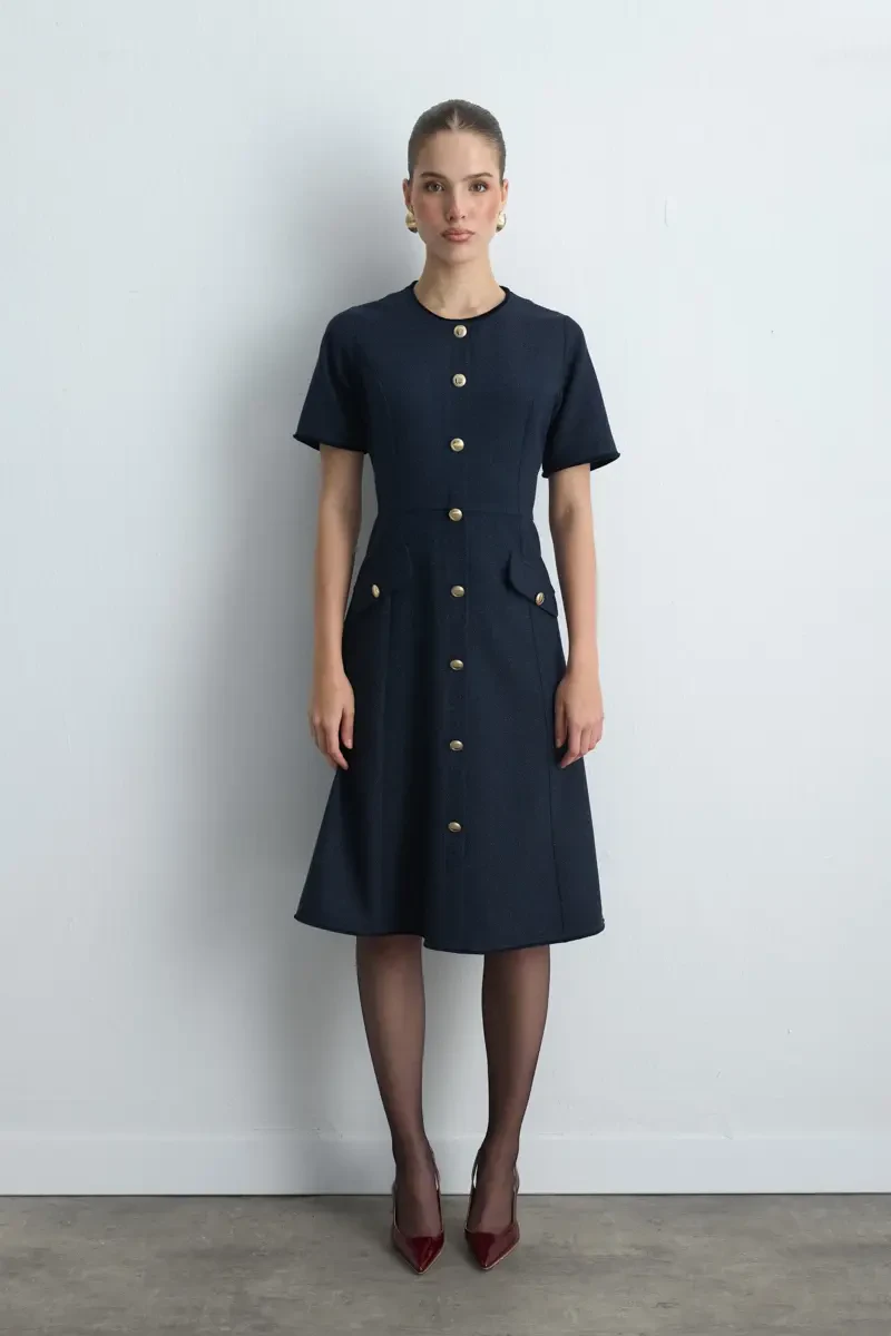 Waist-Fitted Midi Tweed Dress - Navy Blue Navy Blue