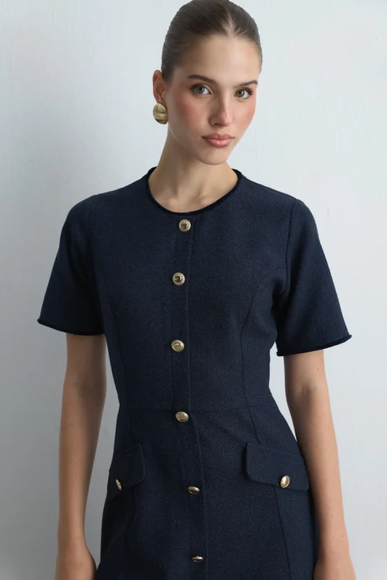 Waist Fitted Midi Tweed Dress Navy Blue - Gusto
