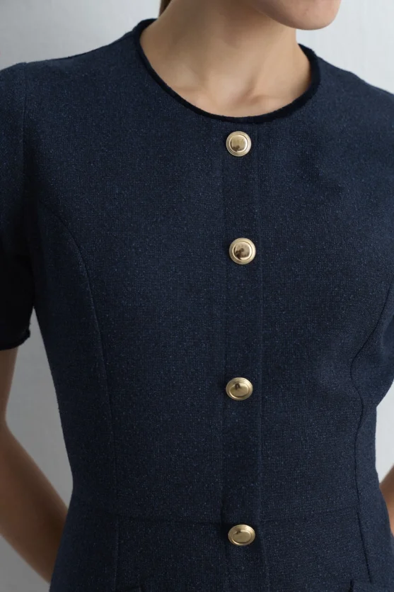 Waist Fitted Midi Tweed Dress Navy Blue - 4
