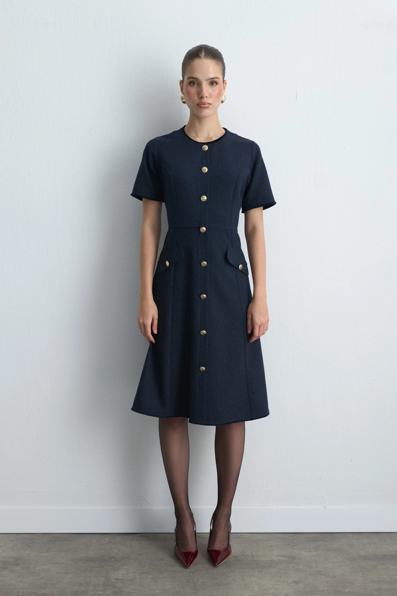 Waist Fitted Midi Tweed Dress Navy Blue - Gusto