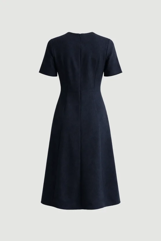 Waist Fitted Midi Tweed Dress Navy Blue - 7