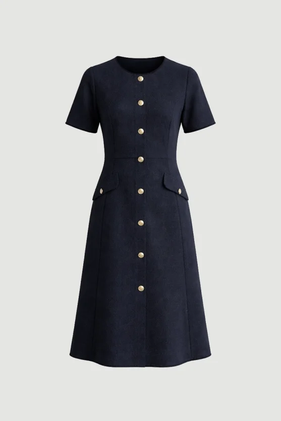 Waist Fitted Midi Tweed Dress Navy Blue - Gusto