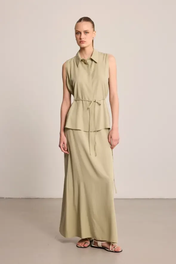Waist Rope Belted Tencel Blouse - Green - 3