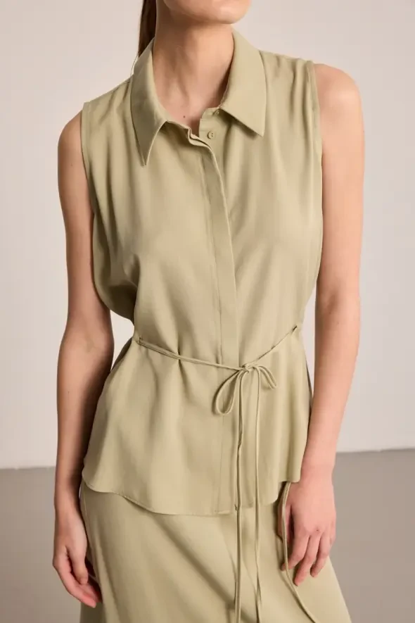 Waist Rope Belted Tencel Blouse - Green - 2
