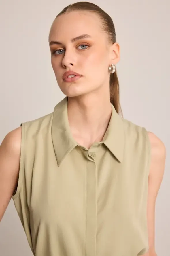 Waist Rope Belted Tencel Blouse - Green - 4