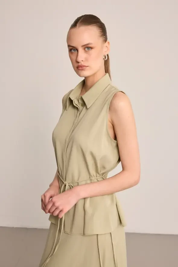 Waist Rope Belted Tencel Blouse - Green - 1
