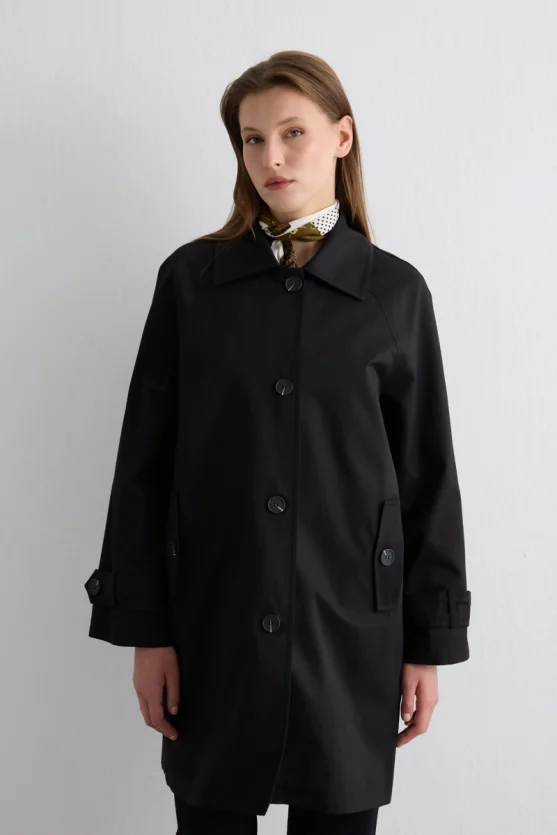 Water Repellent Relaxed Fit Trench Coat Black - Gusto