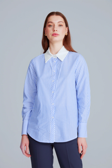 White Neck Striped Shirt - Blue Blue