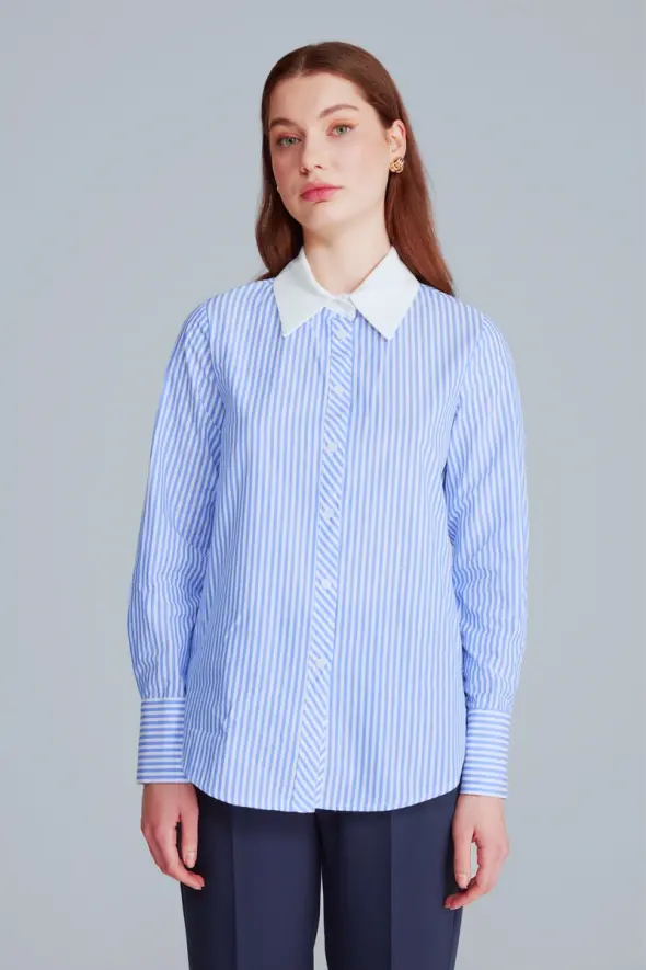White Neck Striped Shirt - Blue - 3
