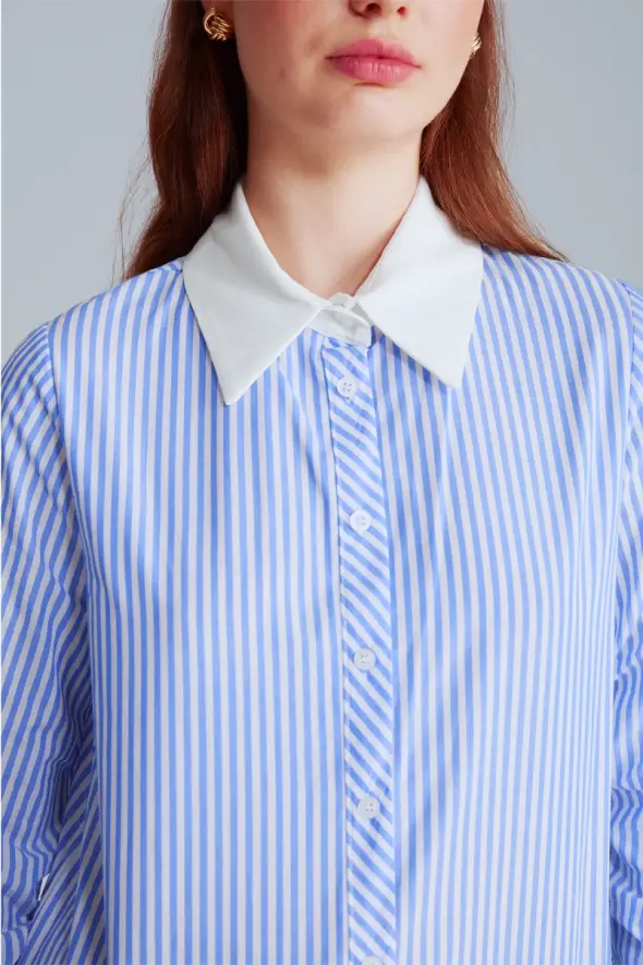 White Neck Striped Shirt - Blue - 4