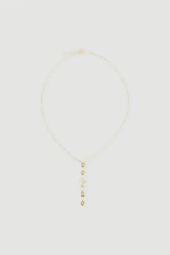 White Stone-Detail Y Necklace - Gold - Gusto