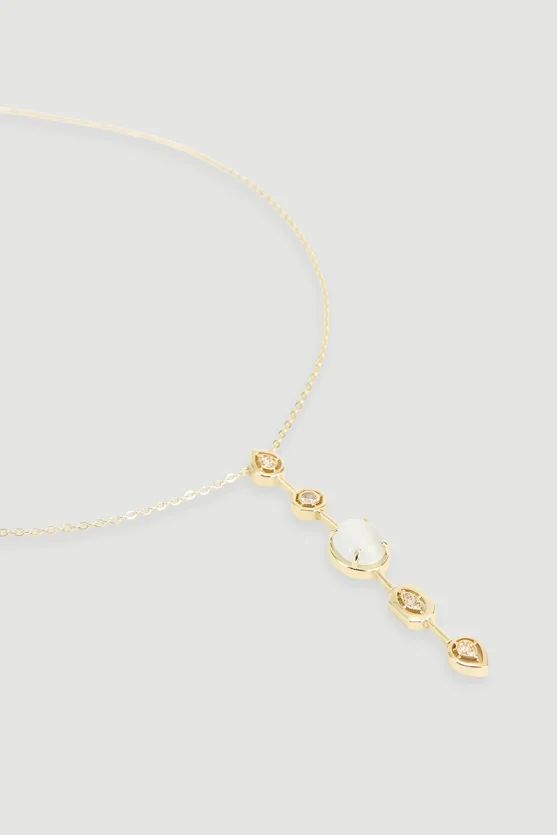 White Stone Detail Y Necklace Gold - 3