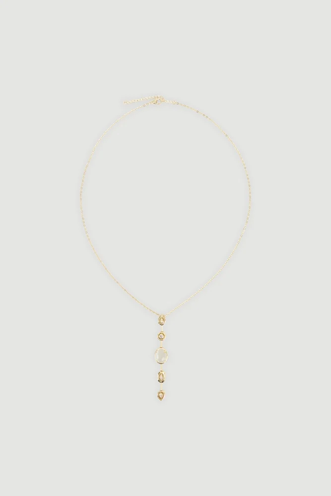 White Stone Detail Y Necklace Gold Gold