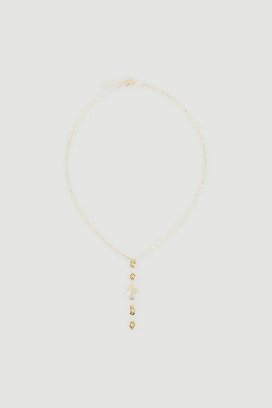 White Stone Detail Y Necklace Gold - 1