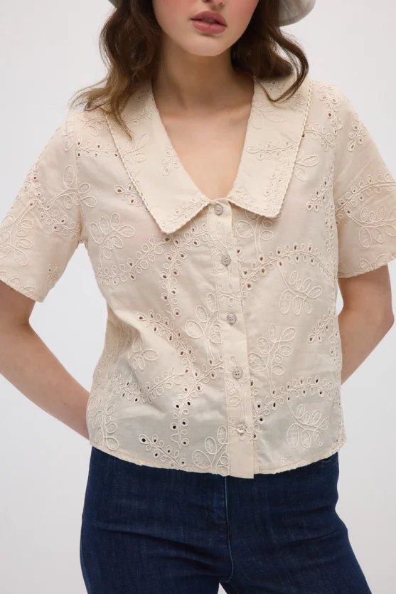 Wide Collar Broderie Shirt - Mink - 5