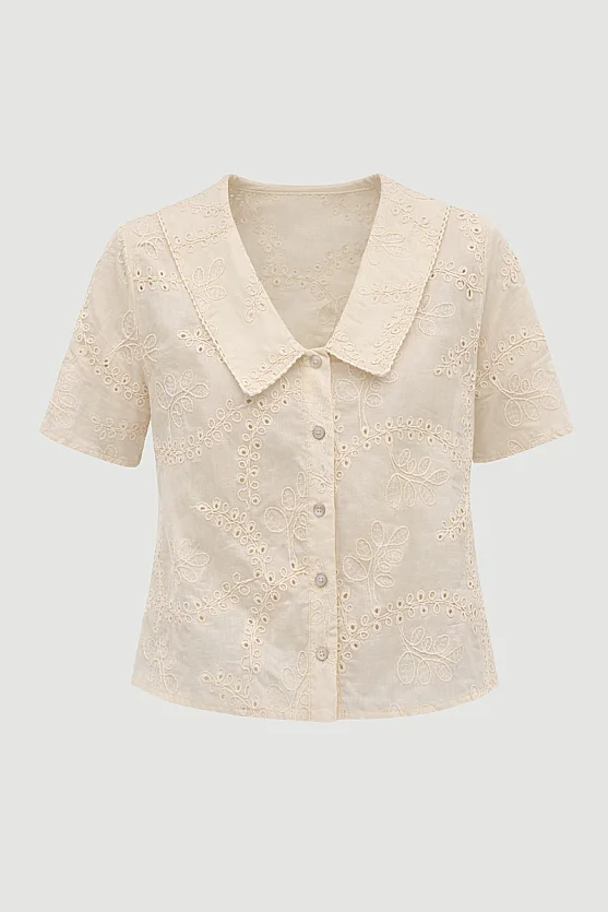 Wide Collar Broderie Shirt - Mink - Gusto