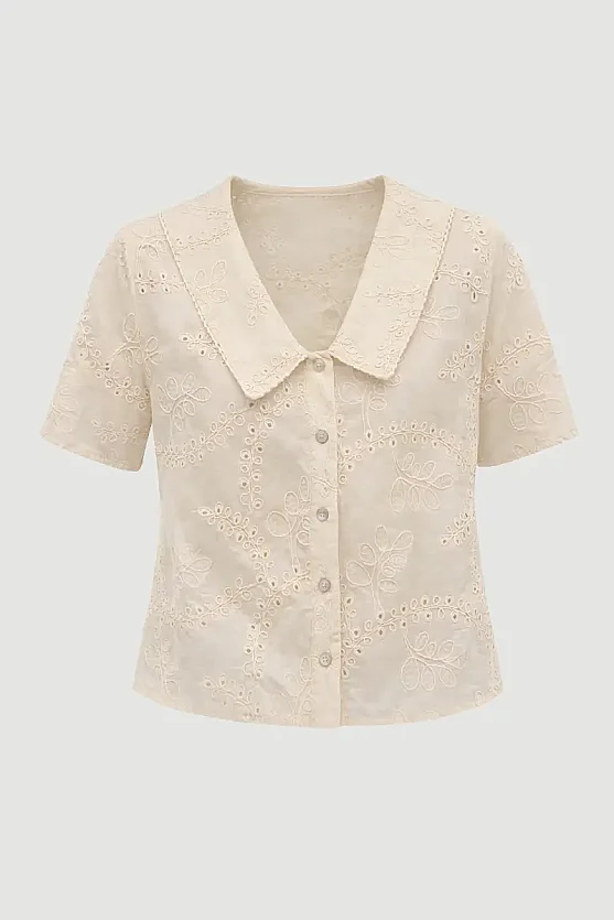 Wide Collar Broderie Shirt - Mink - Gusto