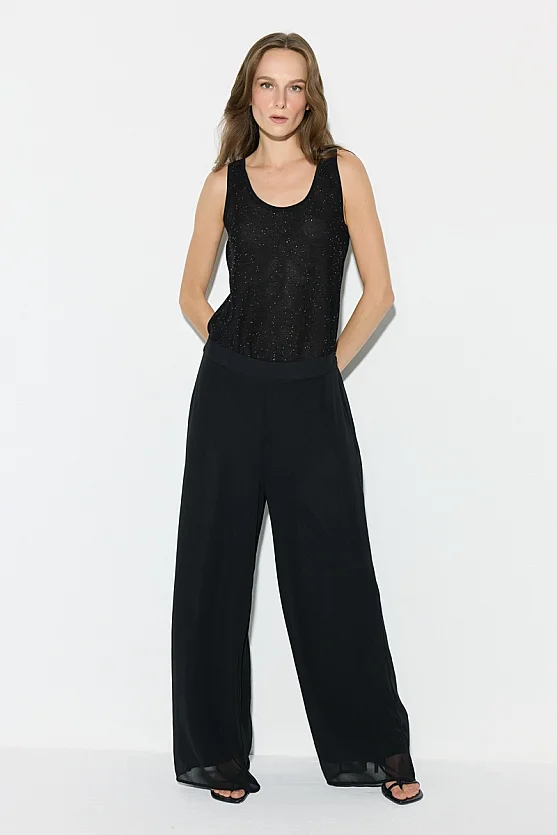 Wide Leg Chiffon Evening Pants - Black - Gusto