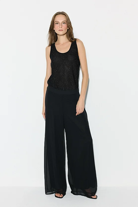Wide Leg Chiffon Evening Pants - Black - Gusto