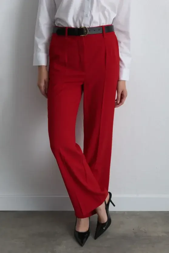 Wide Leg Crepe Pants - Red - 3