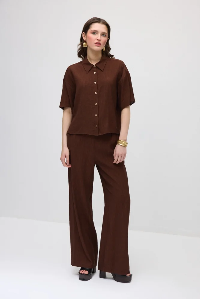 Wide-Leg Crinkle Pants - Brown