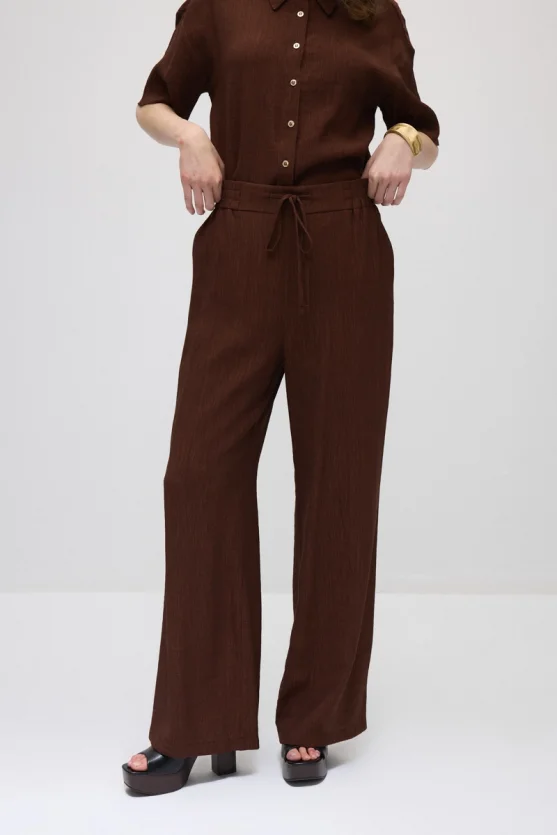 Wide-Leg Crinkle Pants - Brown - 2