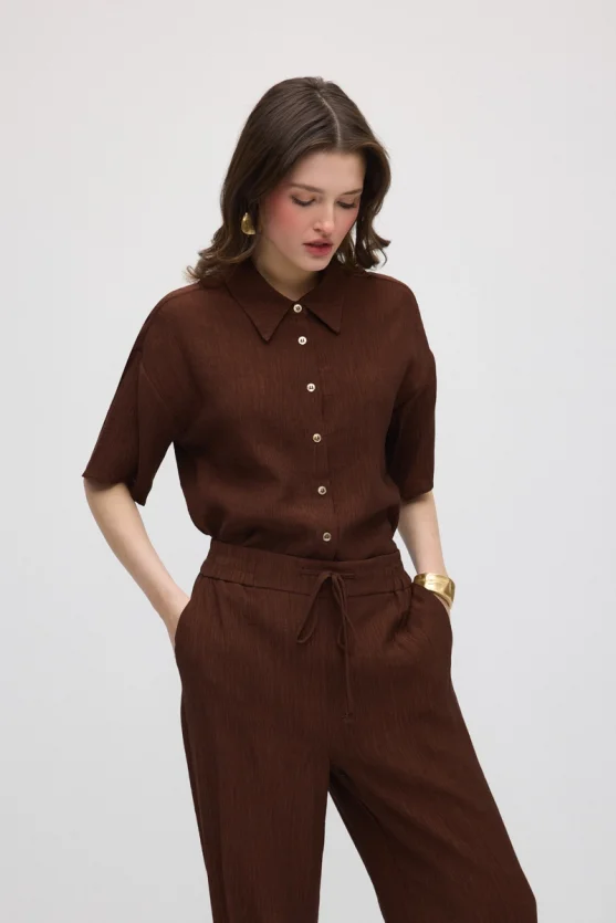 Wide-Leg Crinkle Pants - Brown - Gusto