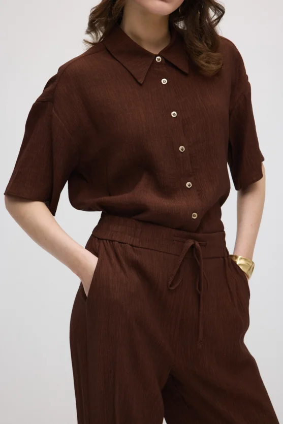 Wide-Leg Crinkle Pants - Brown - Gusto