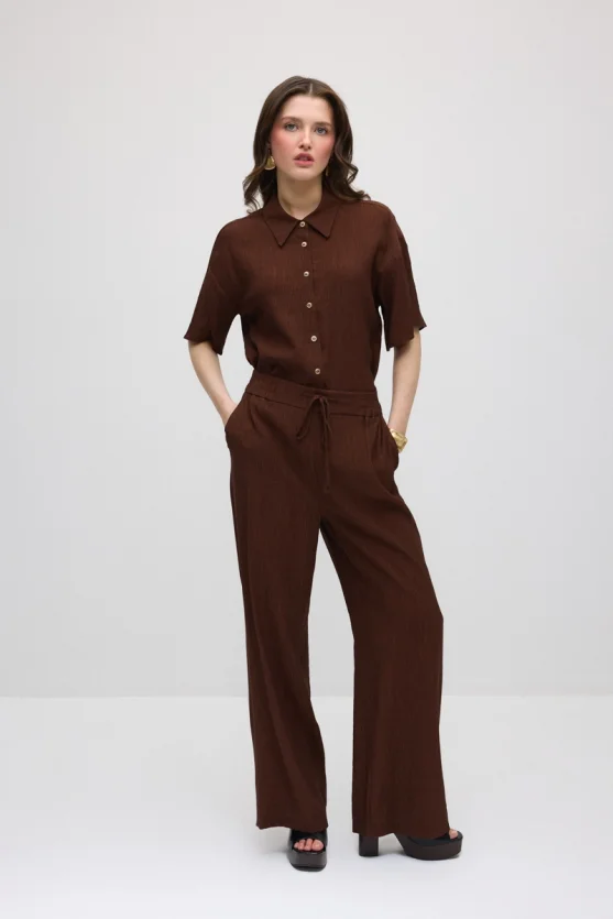 Wide-Leg Crinkle Pants - Brown - Gusto