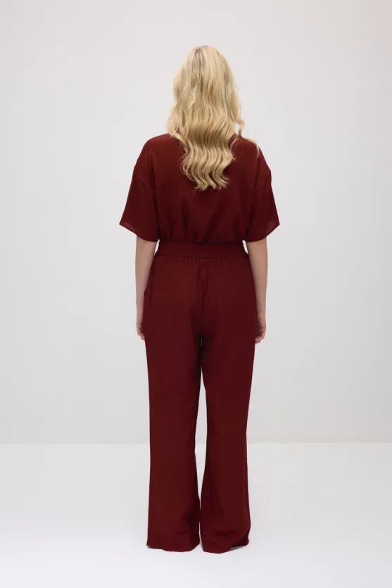 Wide-Leg Crinkle Pants - Burgundy - Gusto
