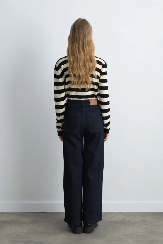 Wide Leg Denim Pants Navy Blue - 5